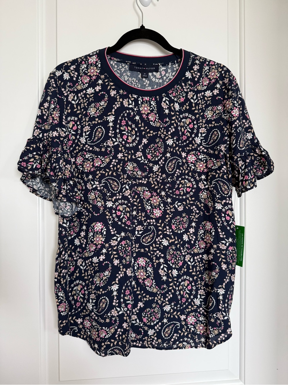 NWT Tommy Hilfiger Navy Paisley Floral Ruffle Sleeve Top Size M